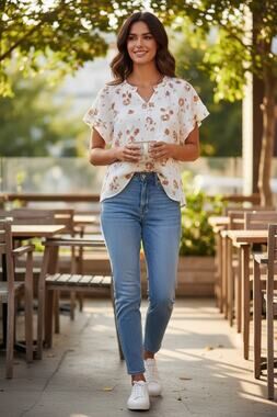 Wonderly Floral Gauze Blouse Women's PM Petite Medium White Henley Boho Top